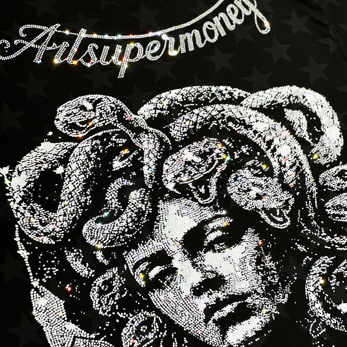 ART SUPER MONEY T-Shirt Meduza Con Stampa e Strass Fronte Retro Con Stampa Star Nera