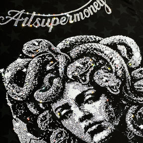 ART SUPER MONEY T-Shirt Meduza Con Stampa e Strass Fronte Retro Con Stampa Star Nera