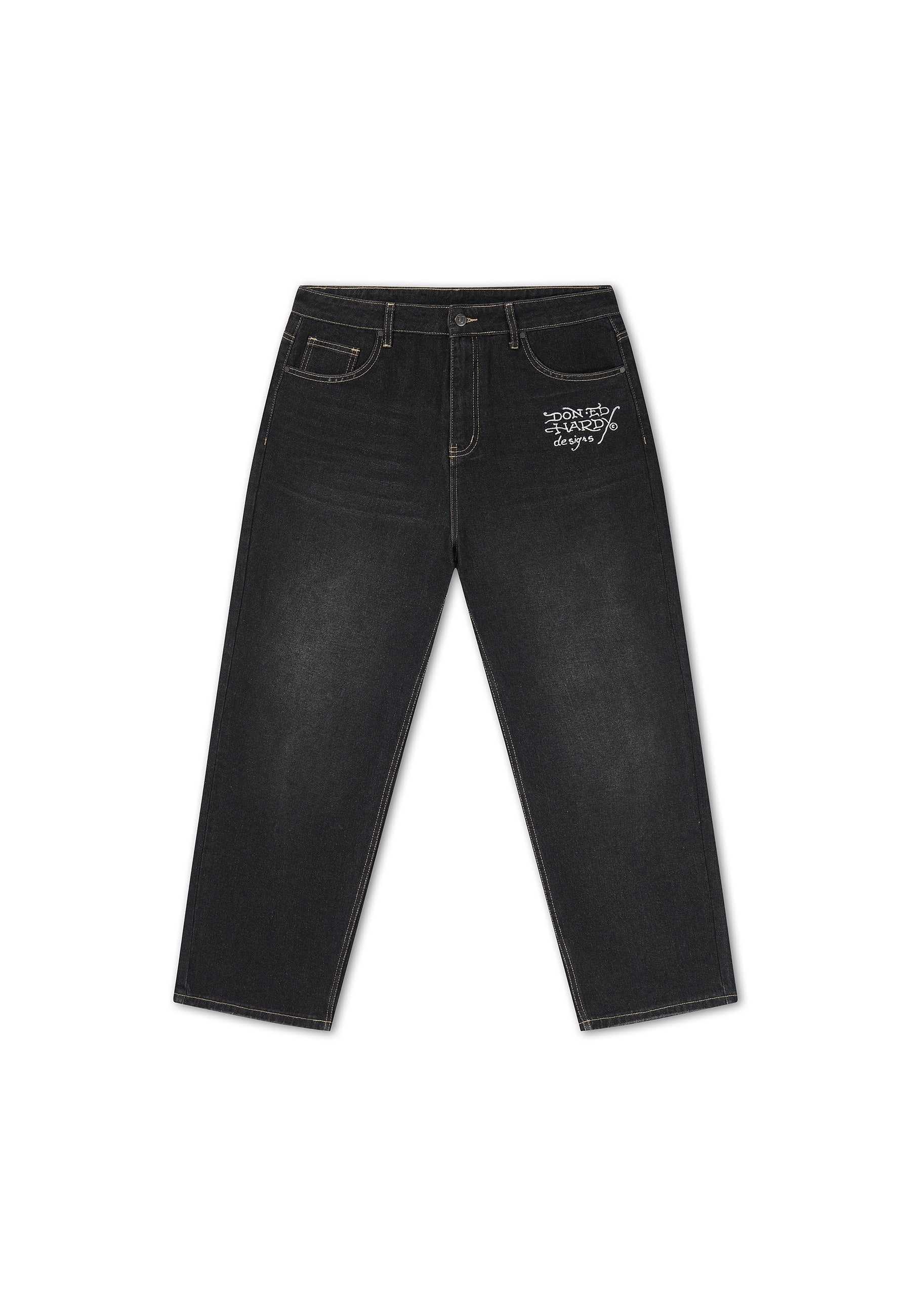 EH HARDY Jeans Baggy Con Patch Teschio e Stampa Retro Lavaggio Denim Nero