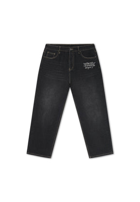 EH HARDY Jeans Baggy Con Patch Teschio e Stampa Retro Lavaggio Denim Nero