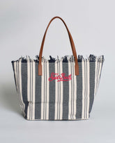 SAINT BARTH Borsa City Regular in canvas blu a righe bianche con chiusura a zip e frange