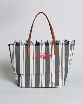 SAINT BARTH Borsa City Regular in canvas blu a righe bianche con chiusura a zip e frange