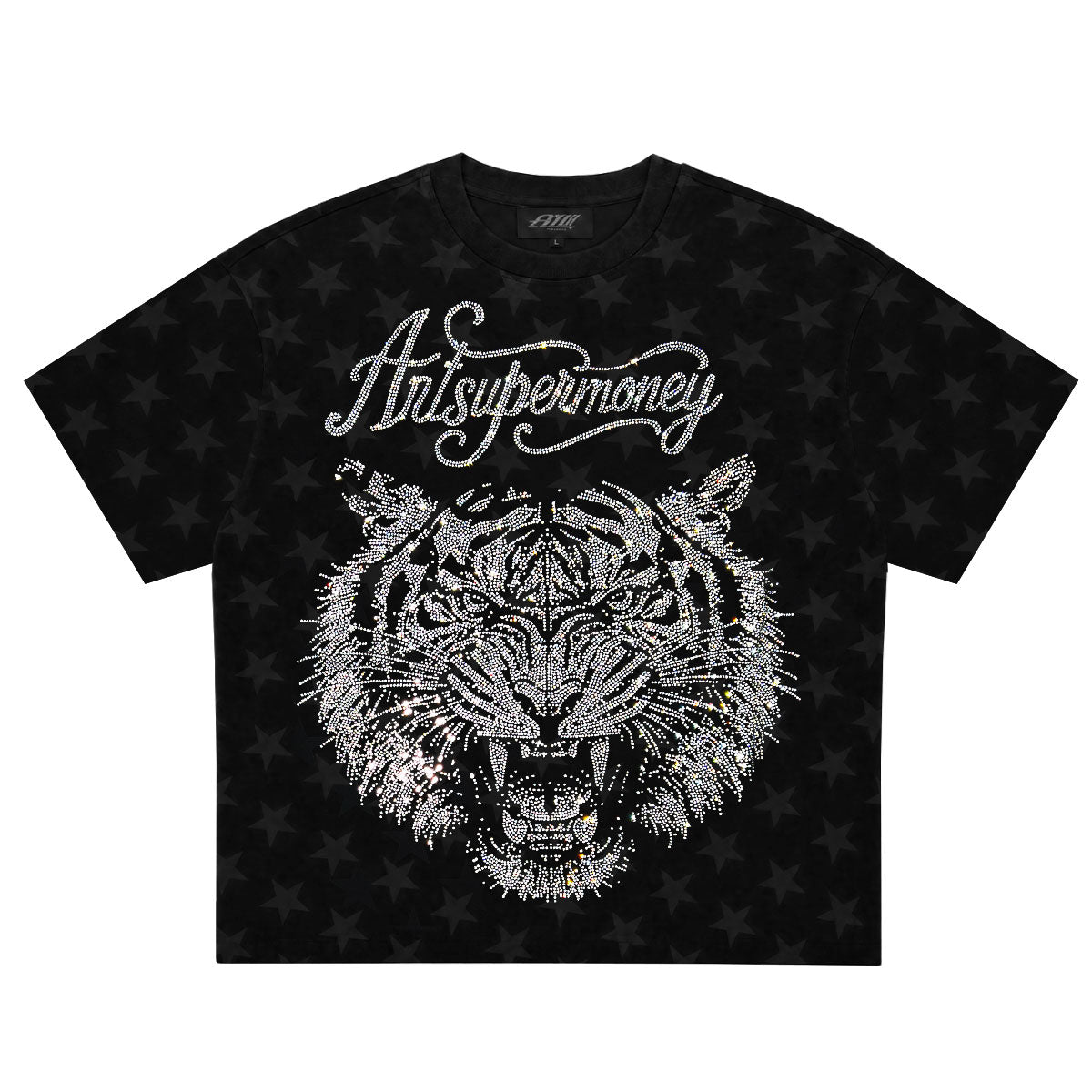 ART SUPER MONEY T-Shirt Holy Tiger Con Stampa e Strass Fronte Retro Con Stampa Star Nera
