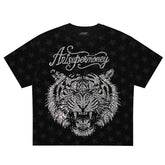 ART SUPER MONEY T-Shirt Holy Tiger Con Stampa e Strass Fronte Retro Con Stampa Star Nera