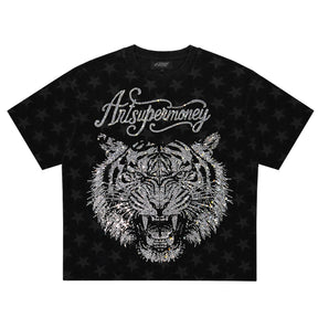 ART SUPER MONEY T-Shirt Holy Tiger Con Stampa e Strass Fronte Retro Con Stampa Star Nera