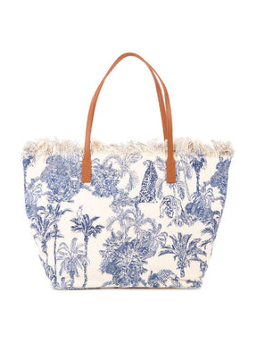 SAINT BARTH BORSA CITY REGULAR IN CANVAS BEIGE DETTAGLI BLU CON FRANGE