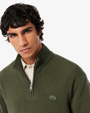 LACOSTE Maglioncino Mezza Zip Basic in 100% Lana Cardata Verde Militare
