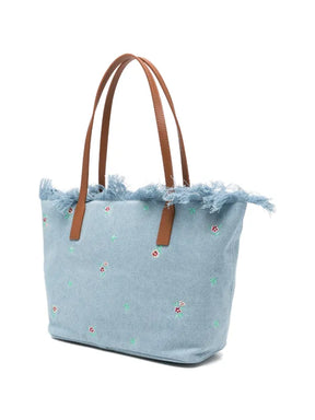 SAINT BARTH Borsa City Medium In Denim Con Ricamo a Fiori