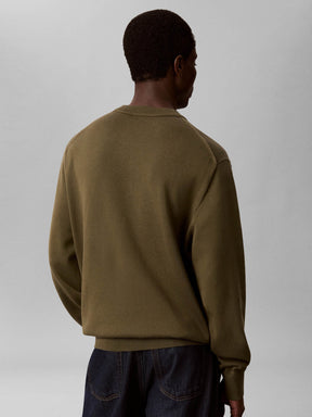 CALVIN KLEIN Maglioncino Girocollo In Cotone Liscio Logo Piccolo Verde Oliva