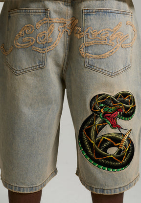 ED HARDY Pantaloncino in Jeans Jorts Sabbiato Con Dettagli Ricamati Fronte E Sul Retro