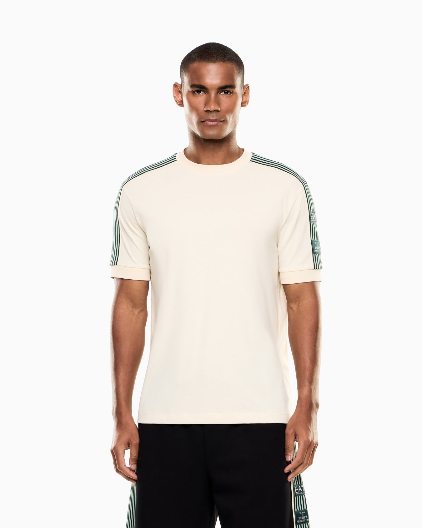 EMPORIO ARMANI Completino T-Shirt Beige Pantaloncino Nero Con Bande Laterali Verdi