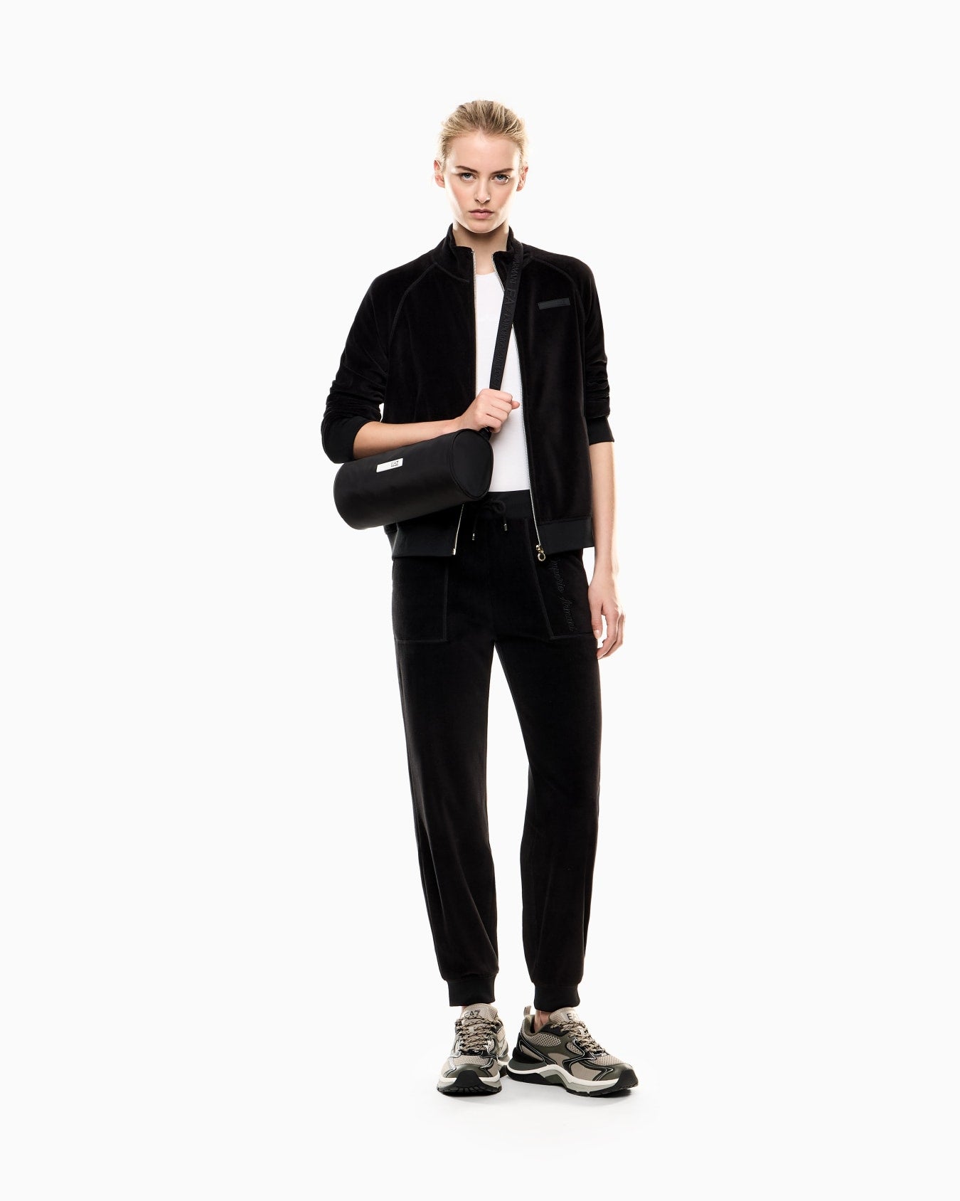 EMPORIO ARMANI DONNA TUTA ATHLETIC VELOUR IN CINIGLIA STRETCH NERA