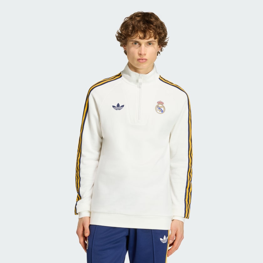 ADIDAS ORIGINALS Tuta Completa Real Madrid Mezza Zip Bianca/Blu Con Strisce Bianche/Gialle (Copia)