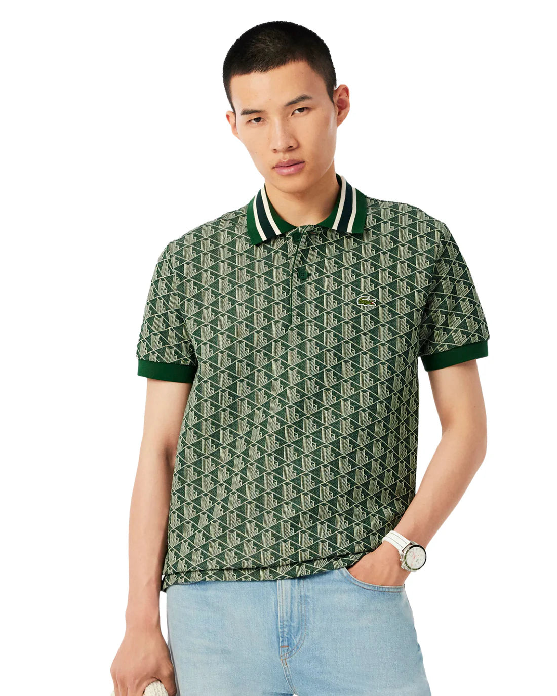 LACOSTE Polo Linea Monogram in Tessuto Jacquard Verde