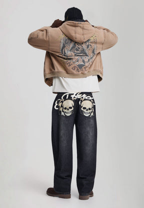 EH HARDY Jeans Baggy Con Patch Teschio e Stampa Retro Lavaggio Denim Nero