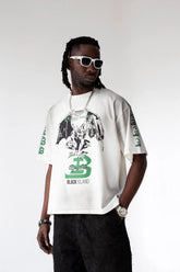 BLACK ISLAND T-Shirt In Cotone Sfumata Cropped Con Stampa Gotica Fronte e Retro Bianca/Nera/Verde