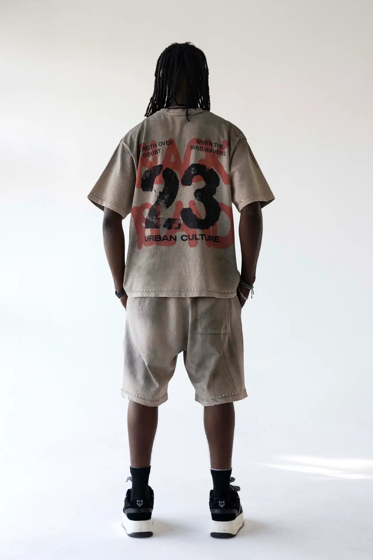 BLACK ISLAND Completino T-Shirt e Pantaloncino Sfumato Con Stampa Fronte e Retro Beige Stone Wash