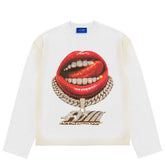 ART SUPER MONEY GRILLZ Long Sleeves Tee Con Stampa e Strass Fronte e Retro Bianca