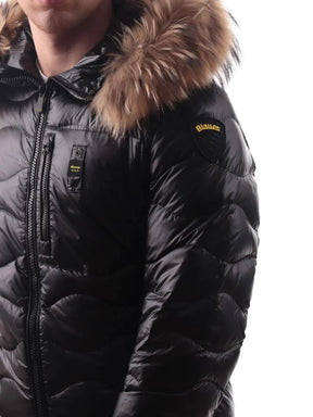 BLAUER Piumino Wavefur Ondulato Cappuccio Con Pelliccia Nero