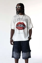 BLACK ISLAND T-Shirt In Cotone Stampa Bocca Frontale Rosa Dei Venti Retro Bianco Stone Wash