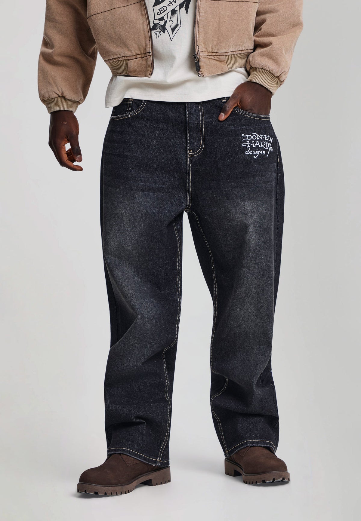 EH HARDY Jeans Baggy Con Patch Teschio e Stampa Retro Lavaggio Denim Nero