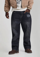EH HARDY Jeans Baggy Con Patch Teschio e Stampa Retro Lavaggio Denim Nero