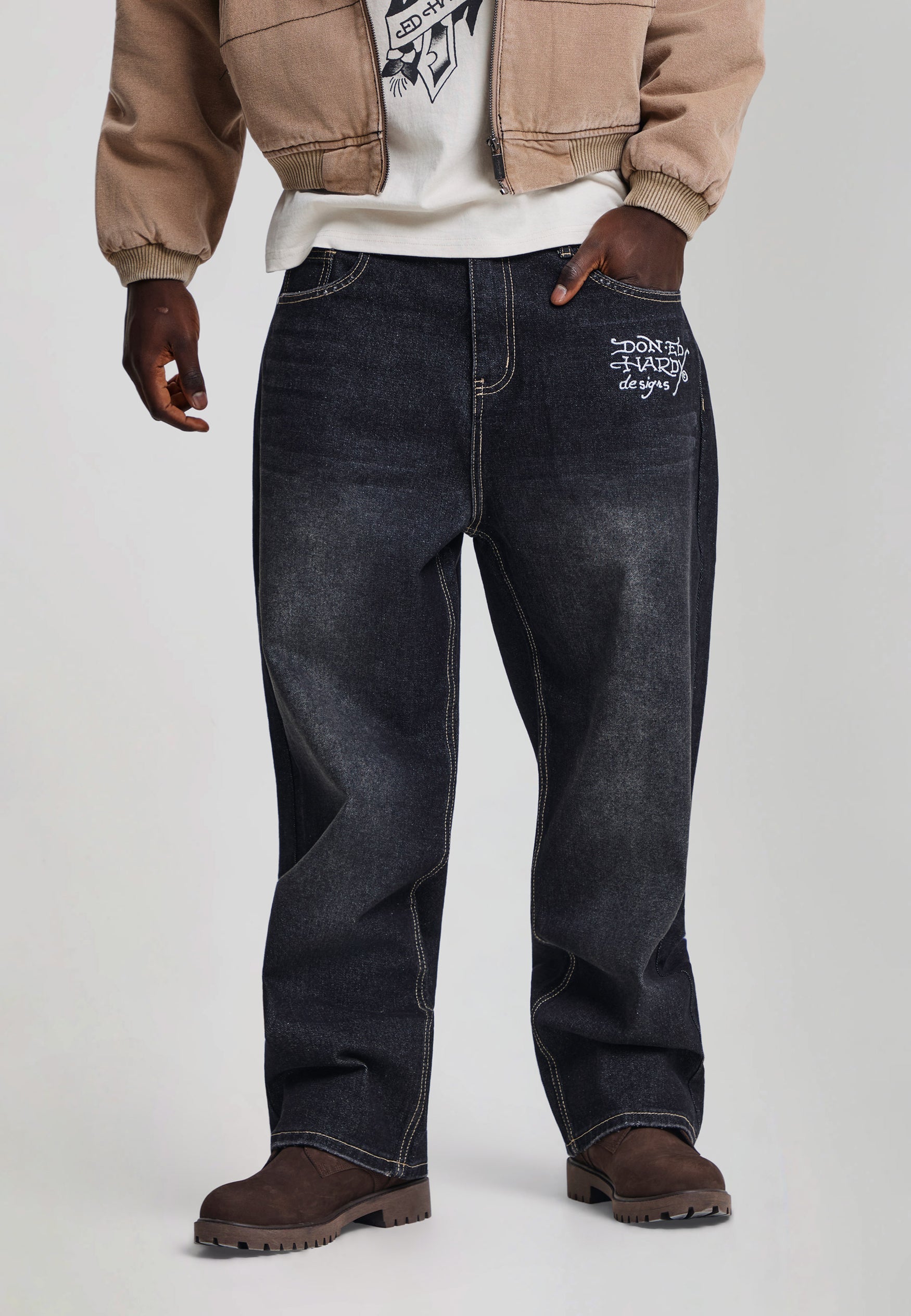 EH HARDY Jeans Baggy Con Patch Teschio e Stampa Retro Lavaggio Denim Nero