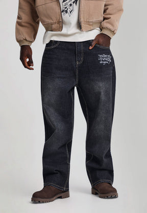 EH HARDY Jeans Baggy Con Patch Teschio e Stampa Retro Lavaggio Denim Nero