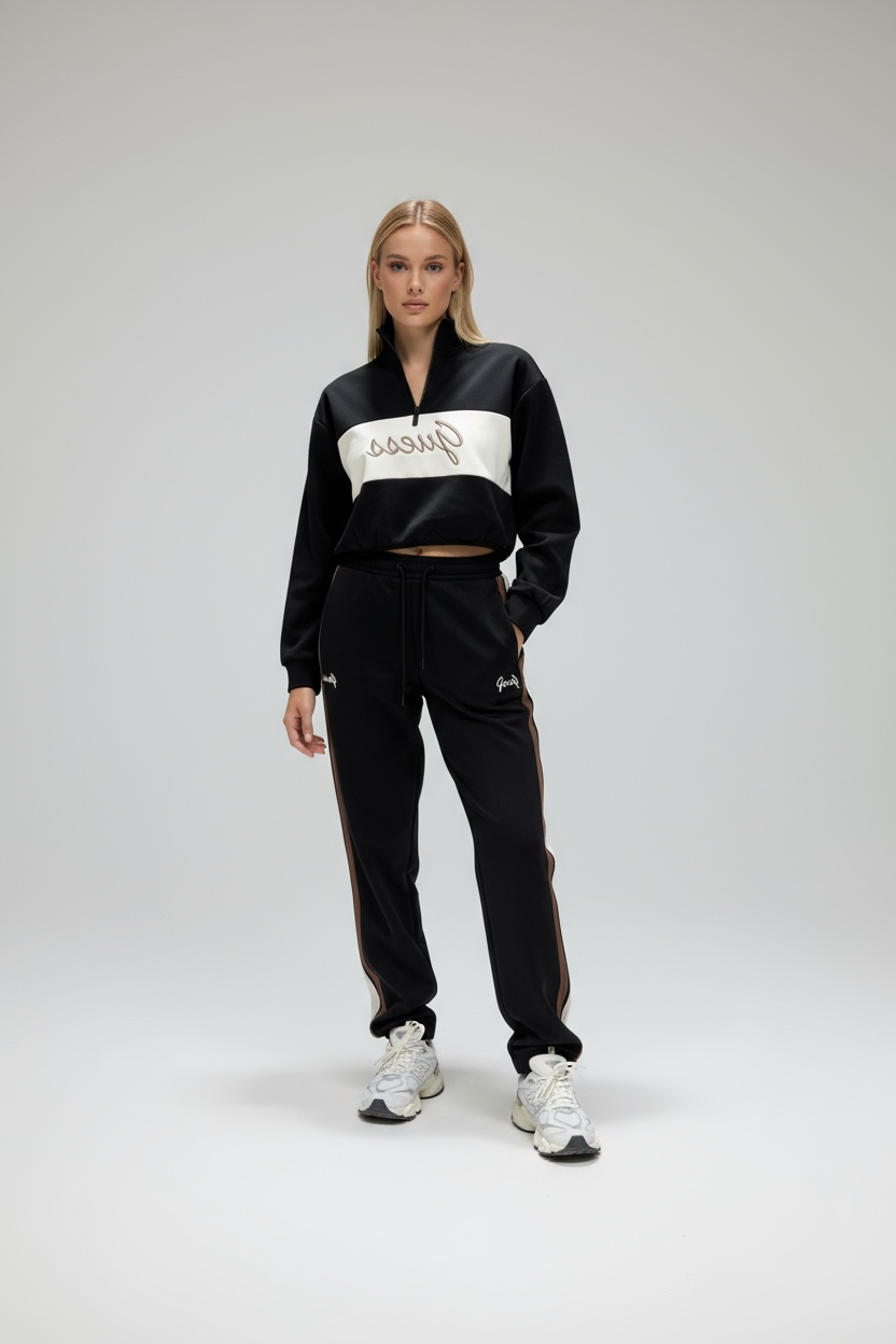 GUESS Tuta Donna In Neoprene Con Banda Centrale Con Lolo Felpa Con Mezza Zip Nera/Bianca