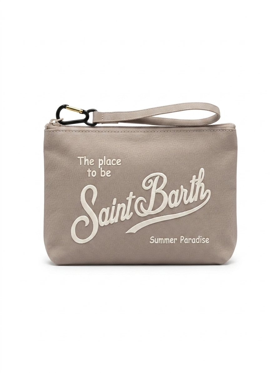 SAINT BARTH Pochette Aline Piquet Beige Logo Ricamato Bianco