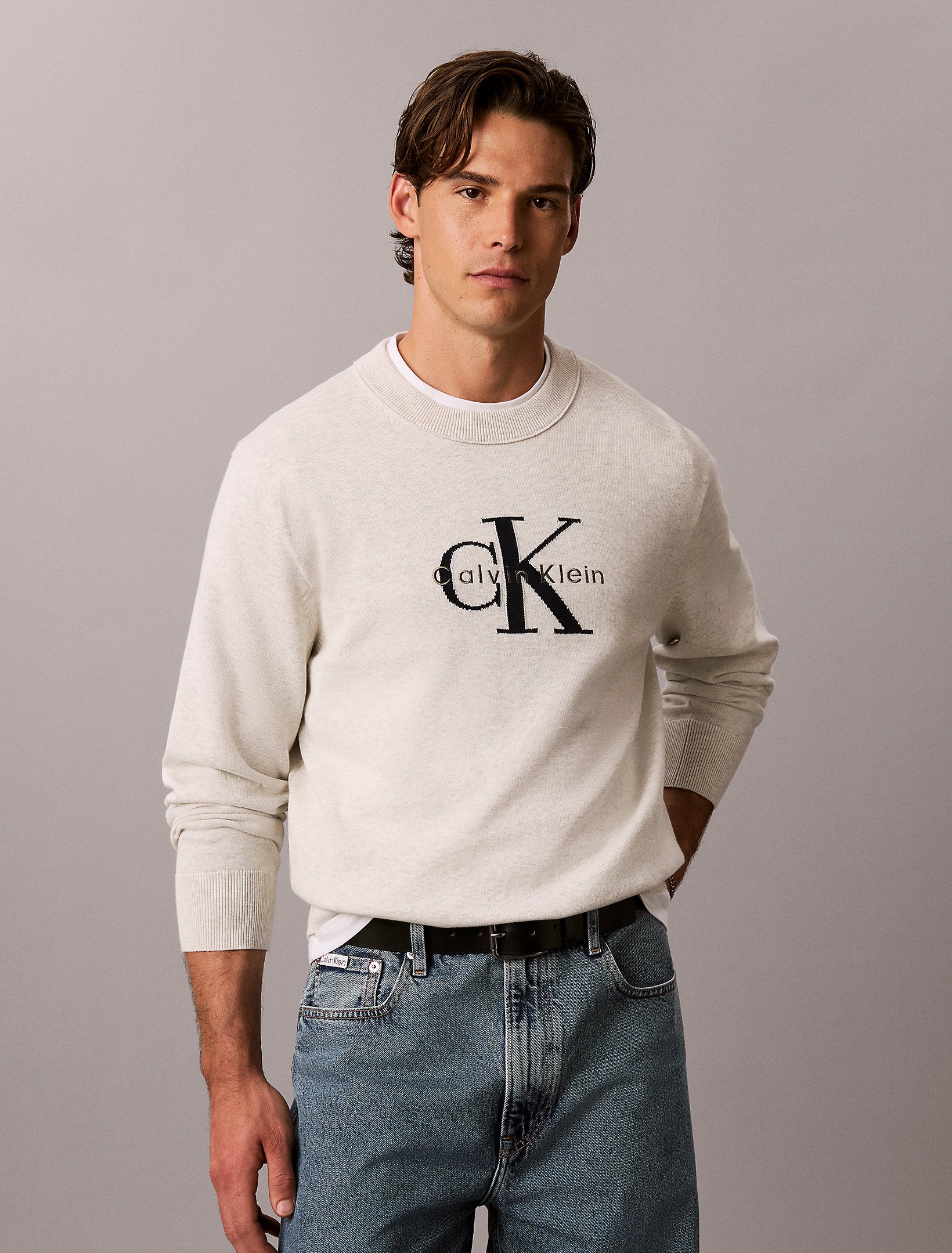 CALVIN KLEIN Maglioncino Relaxed Fit Con Logo Frontale Grande Bianco