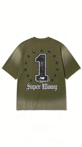 ART SUPER MONEY T-Shirt GRILLZ Con Stampa e Strass Fronte Retro Verde Militare