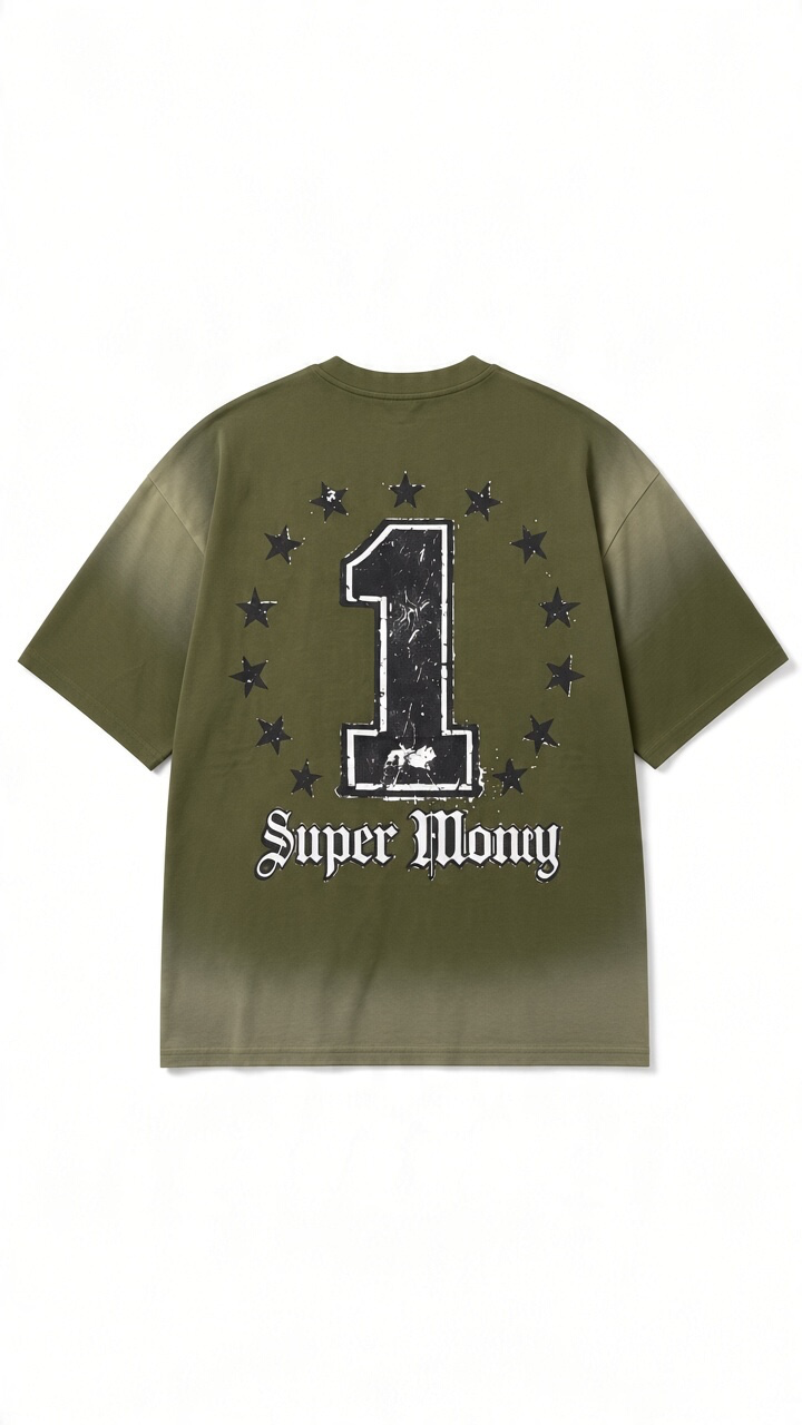 ART SUPER MONEY T-Shirt GRILLZ Con Stampa e Strass Fronte Retro Verde Militare