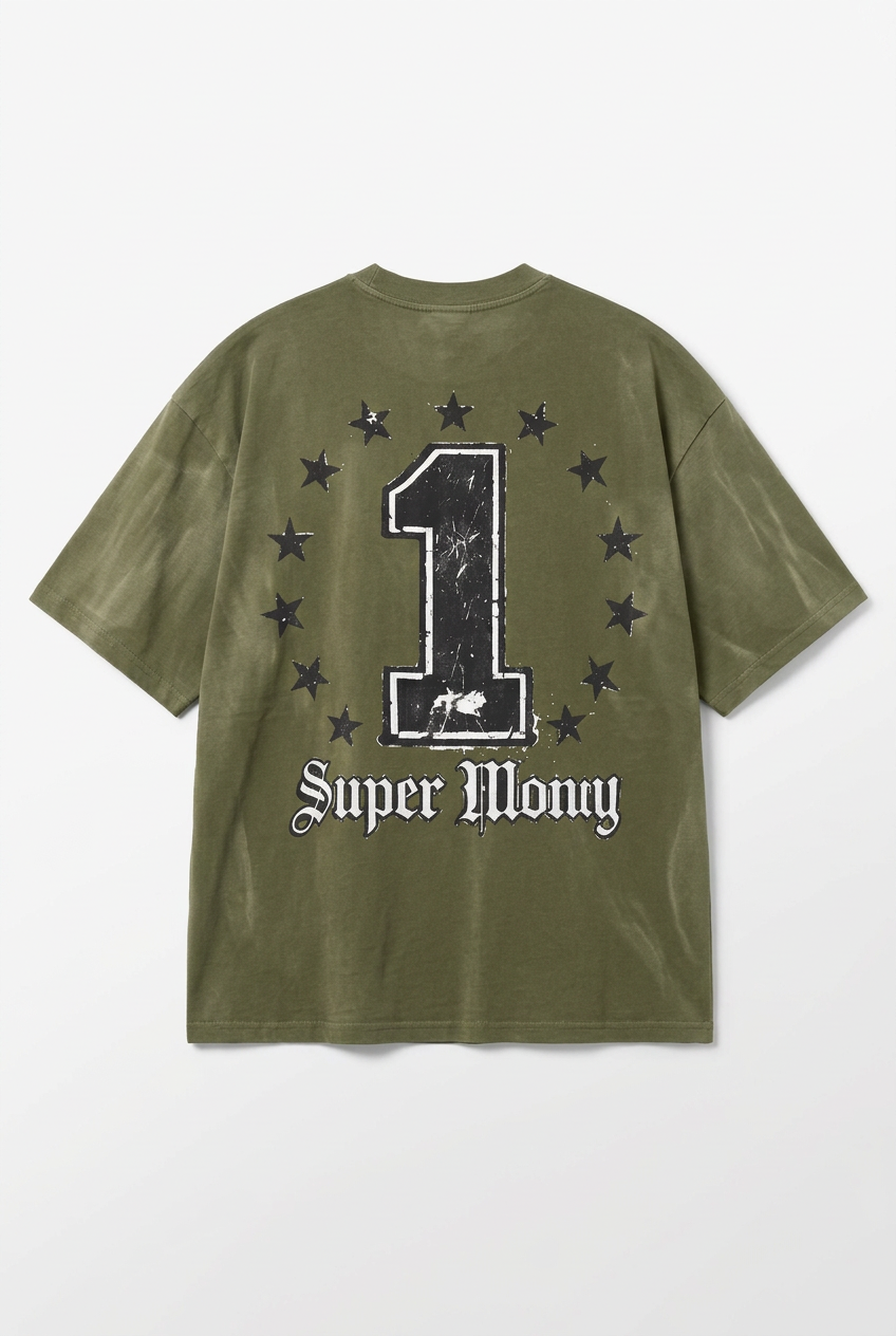 ART SUPER MONEY T-Shirt GRILLZ Con Stampa e Strass Fronte Retro Verde Militare