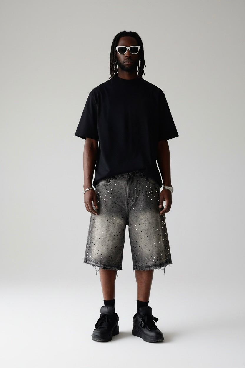 PRESENT DAY Bermuda Jeans Jorts Con Dettagli Perle e Brillantini Denim Nero