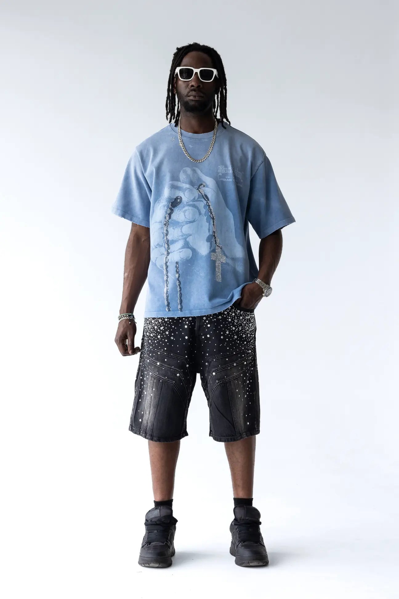 BLACK ISLAND T-Shirt In Cotone Sfumata Cropped Con Stampa e Brillantini Fronte e Retro Azzurra