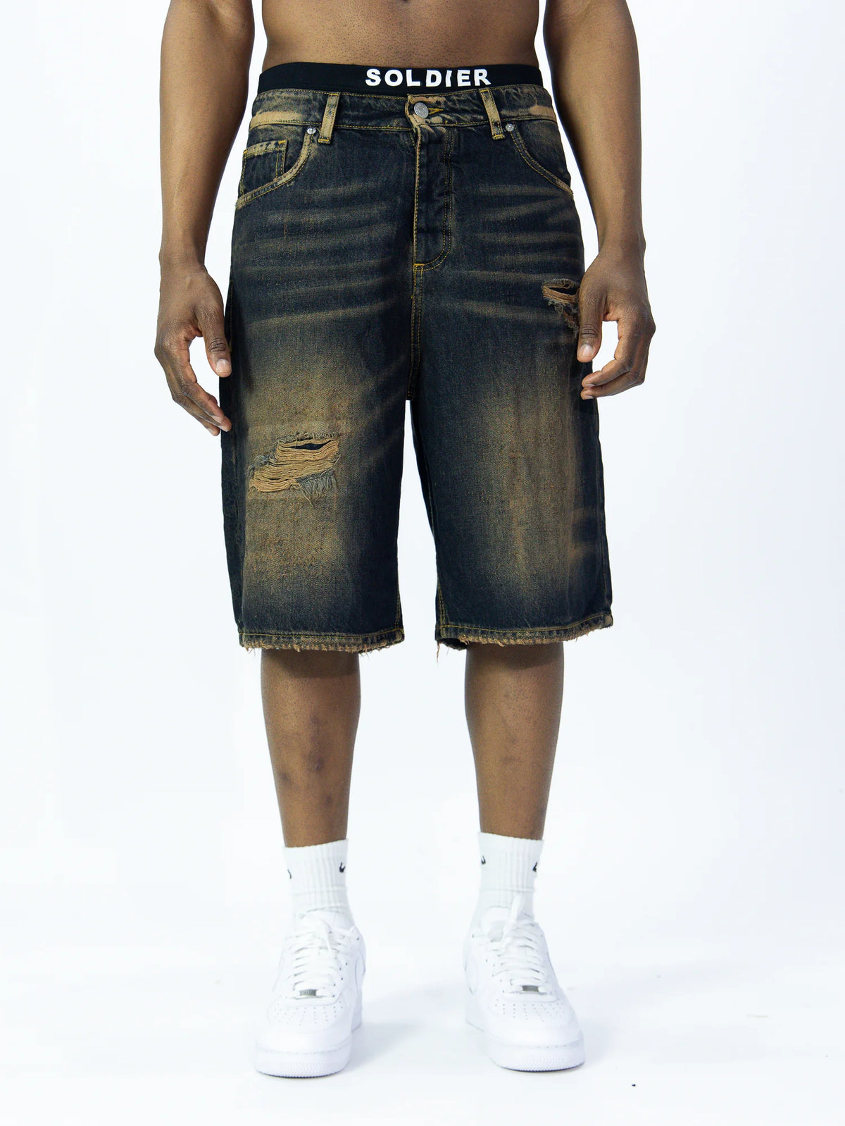 SOLDIER Bermuda Jorts Jeans In Denim Con Rotture Sabbiato Blu Scuro