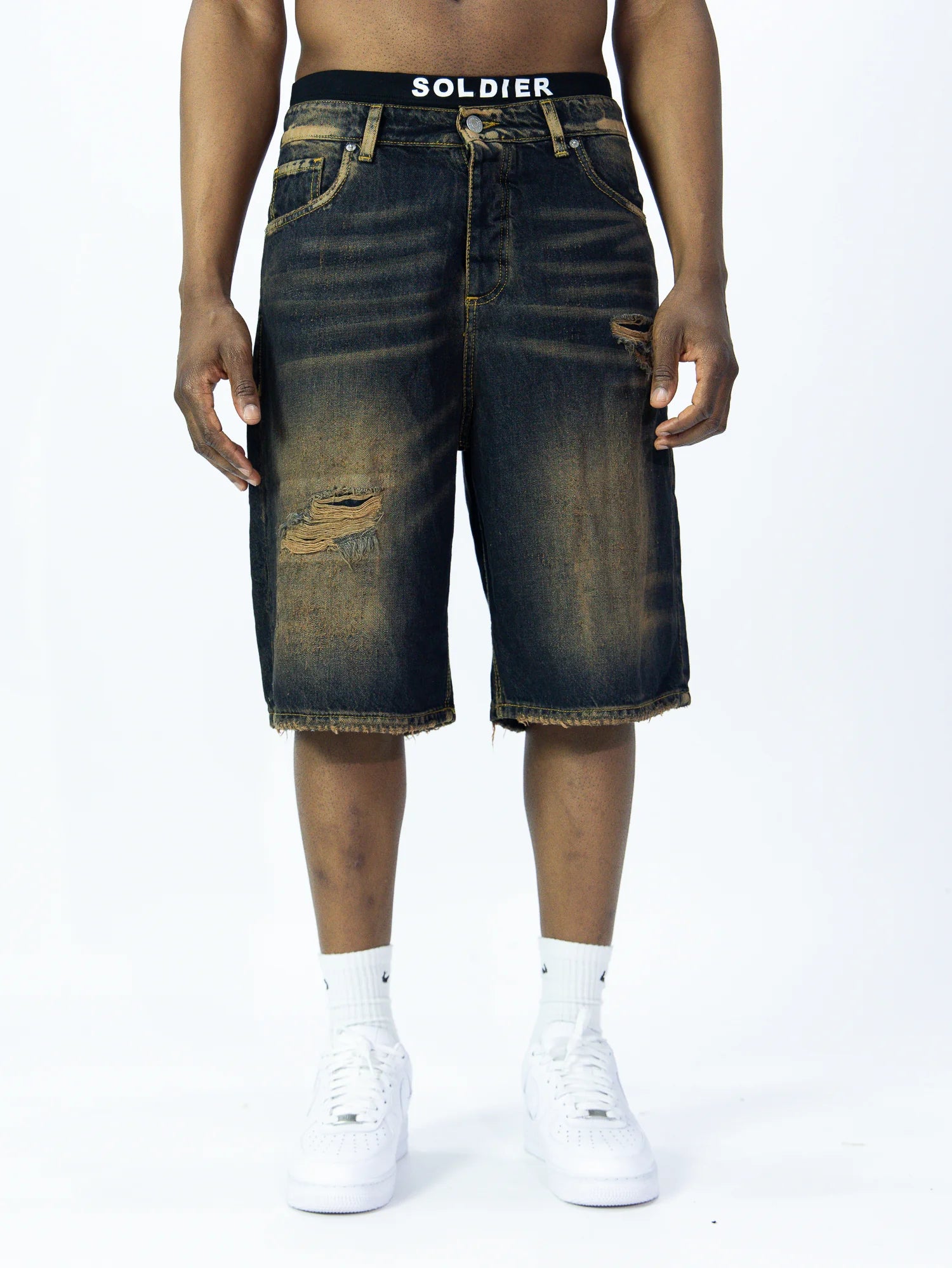 SOLDIER Bermuda Jorts Jeans In Denim Con Rotture Sabbiato Blu Scuro