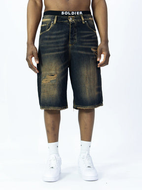 SOLDIER Bermuda Jorts Jeans In Denim Con Rotture Sabbiato Blu Scuro