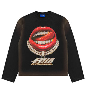 ART SUPER MONEY GRILLZ Long Sleeves Tee Con Stampa e Strass Fronte e Retro Nera