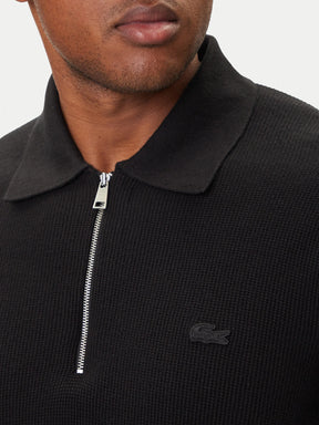 LACOSTE Maglioncino Collo Polo Mezza Zip Misto Lana/Cotone Piqué Logo Tono Su Tono Nero