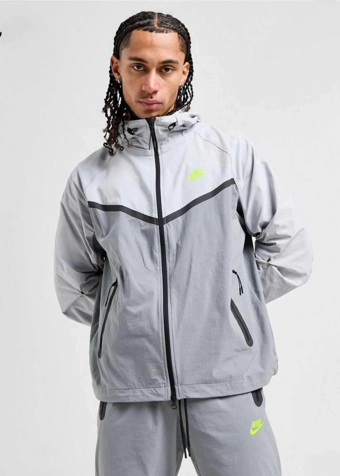 NIKE Tuta Tech Leggera In Microfibra Con Zip e Cappuccio Grigia Logo Fluo