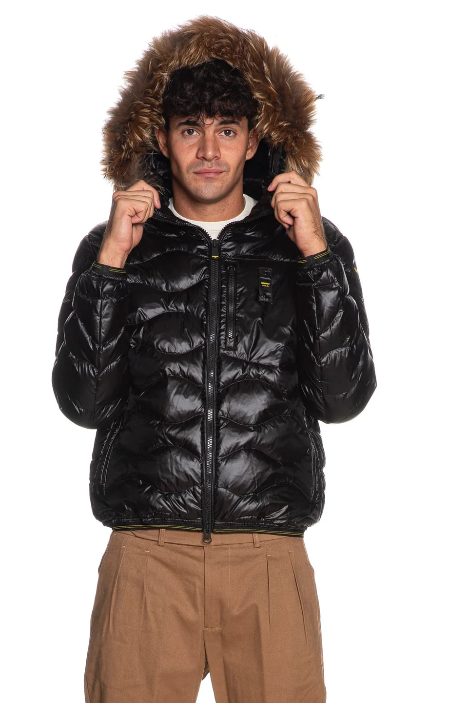 BLAUER Giubbotto Uomo Piumino Invernale Ondulato Con Pelliccia Nero