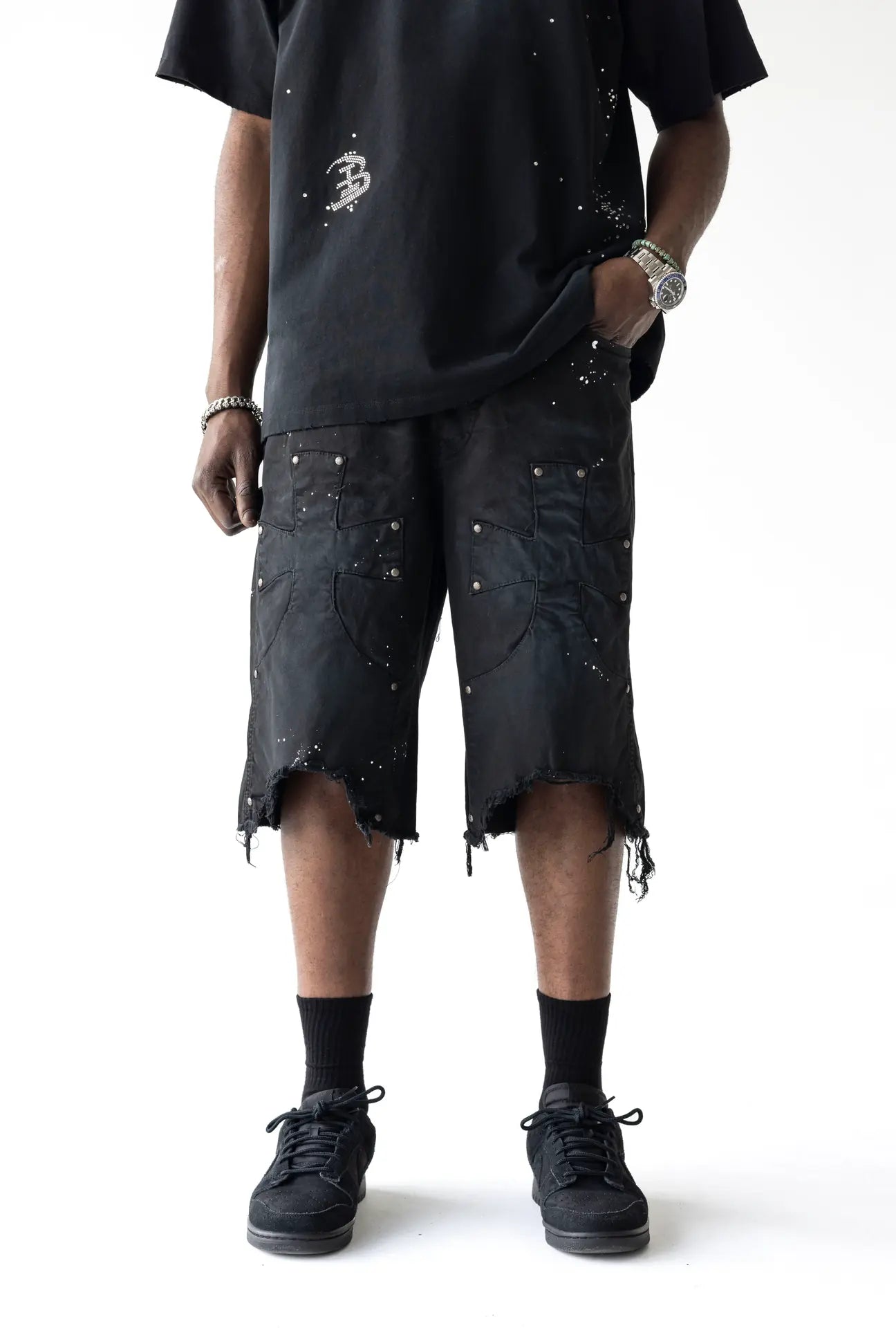 BLACK ISLAND Bermuda Jeans Jorts Con Dettagli Croci in Rilievo Nero Stone Wash