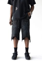 BLACK ISLAND Bermuda Jeans Jorts Con Dettagli Croci in Rilievo Nero Stone Wash