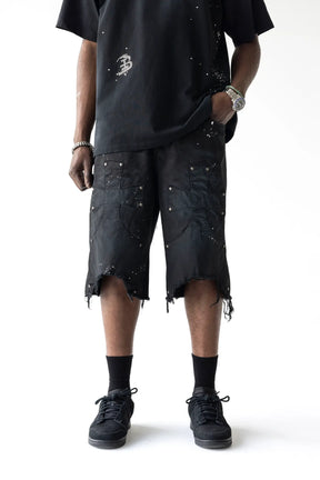 BLACK ISLAND Bermuda Jeans Jorts Con Dettagli Croci in Rilievo Nero Stone Wash