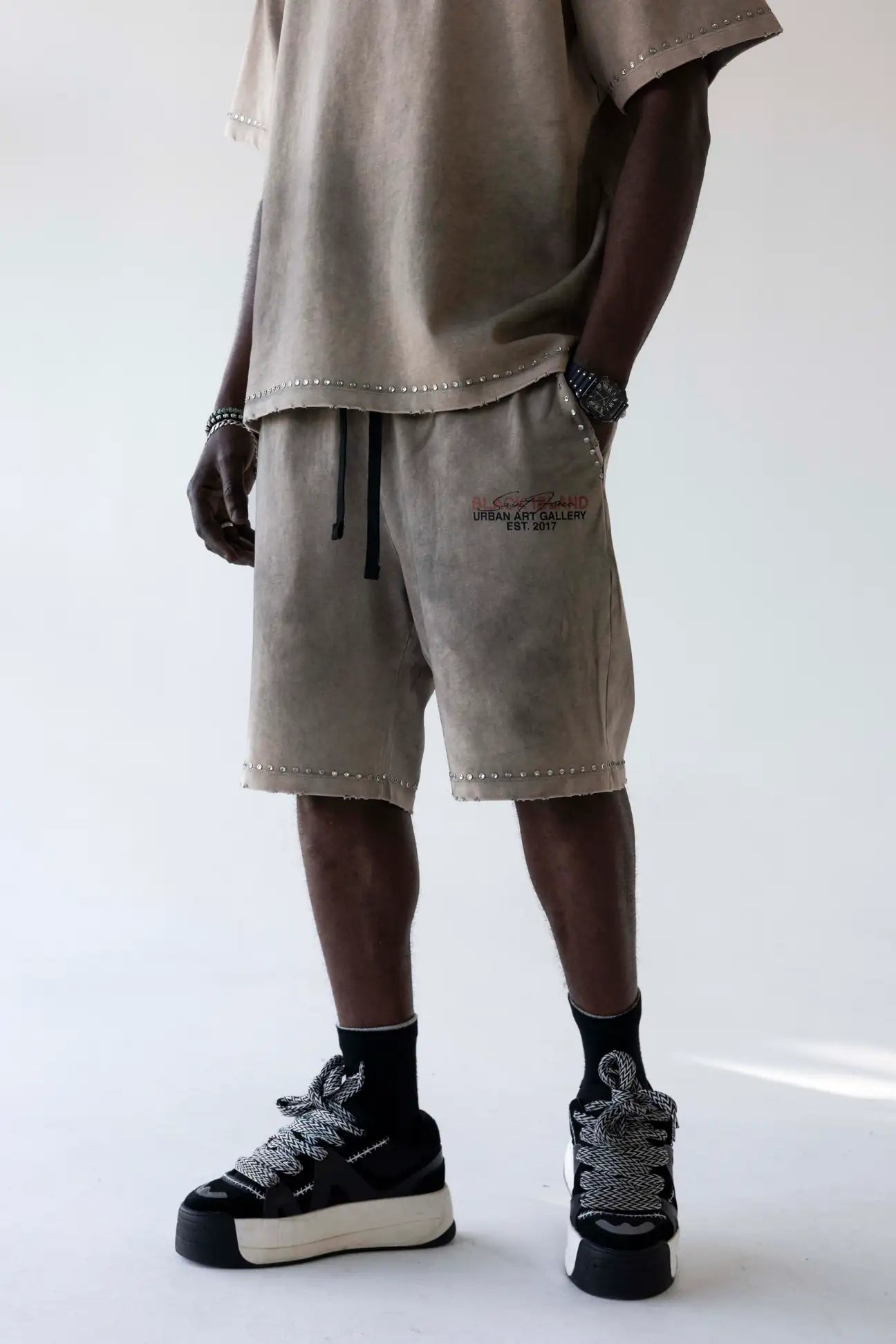 BLACK ISLAND Completino T-Shirt e Pantaloncino Sfumato Con Stampa Fronte e Retro Beige Stone Wash