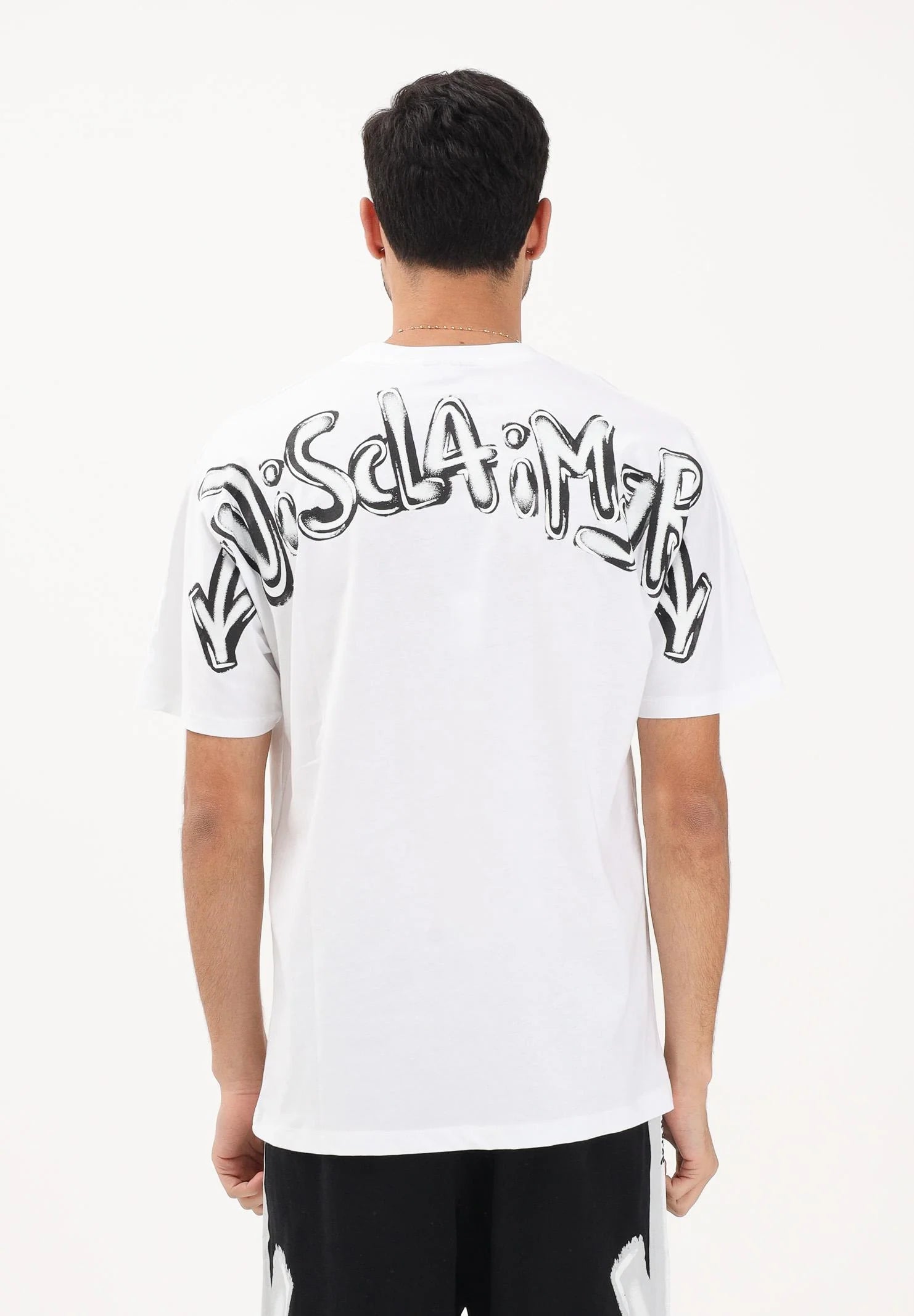 DISCLAIMER T-Shirt Con Logo Frontale e Stampa Retro Bianca/Nera