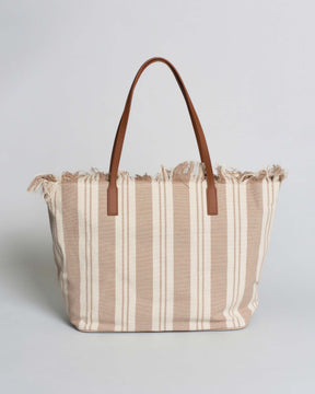 SAINT BARTH Borsa City Medium in canvas a righe Beige/Bianche con chiusura a zip e frange