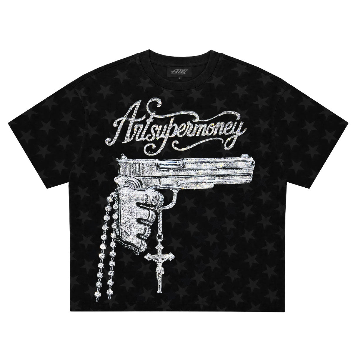 ART SUPER MONEY T-Shirt Holy Guns Con Stampa e Strass Fronte Retro Con Stampa Star Nera